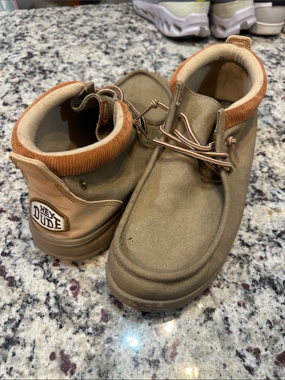 Hey Dude men’s  Tan Canvas Chukka-Style Boots with Rust Trim